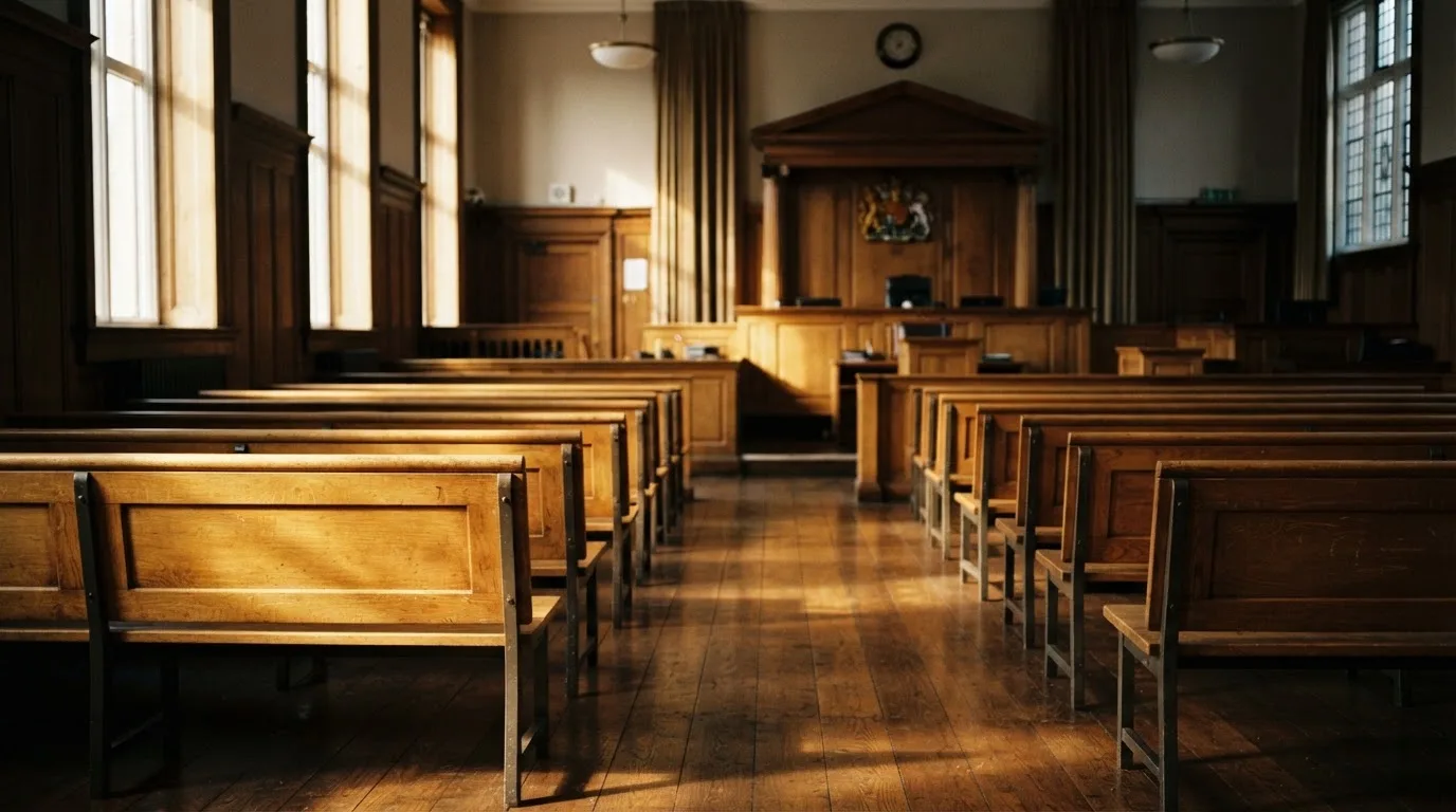 An empty courtroom with wooden benches in morning light