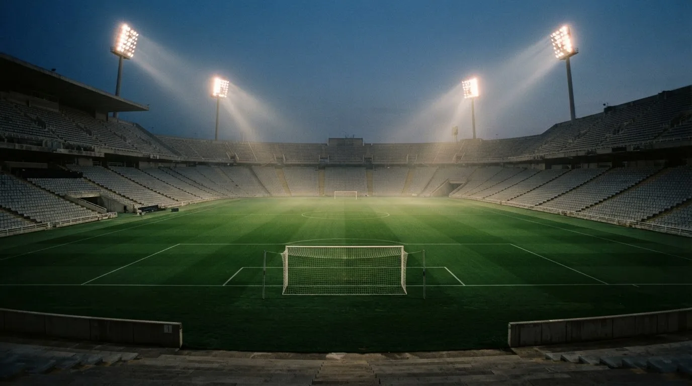 An empty football stadium with floodlight masts at dusk
