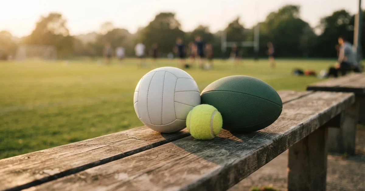 Three balls of different kinds side by side on a wooden bench