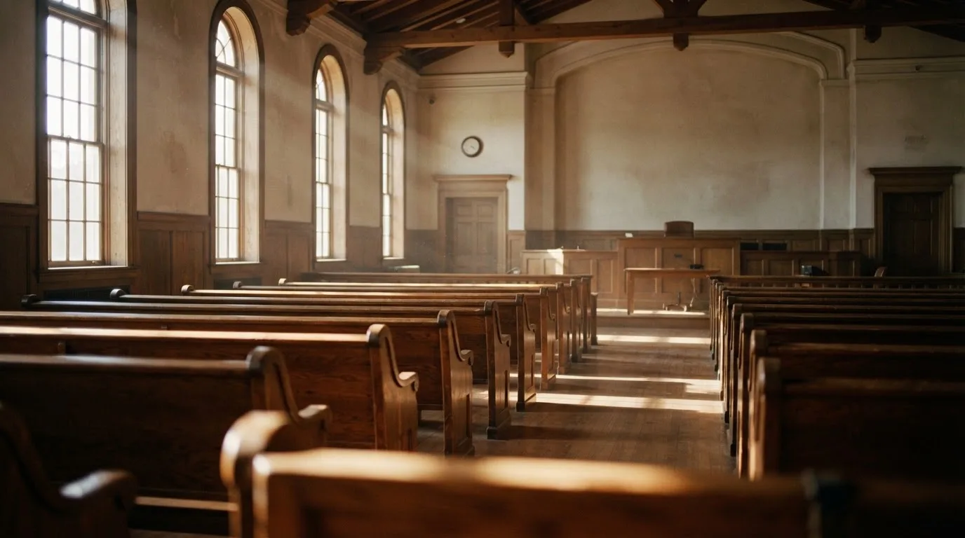 An empty courtroom with wooden benches in morning light