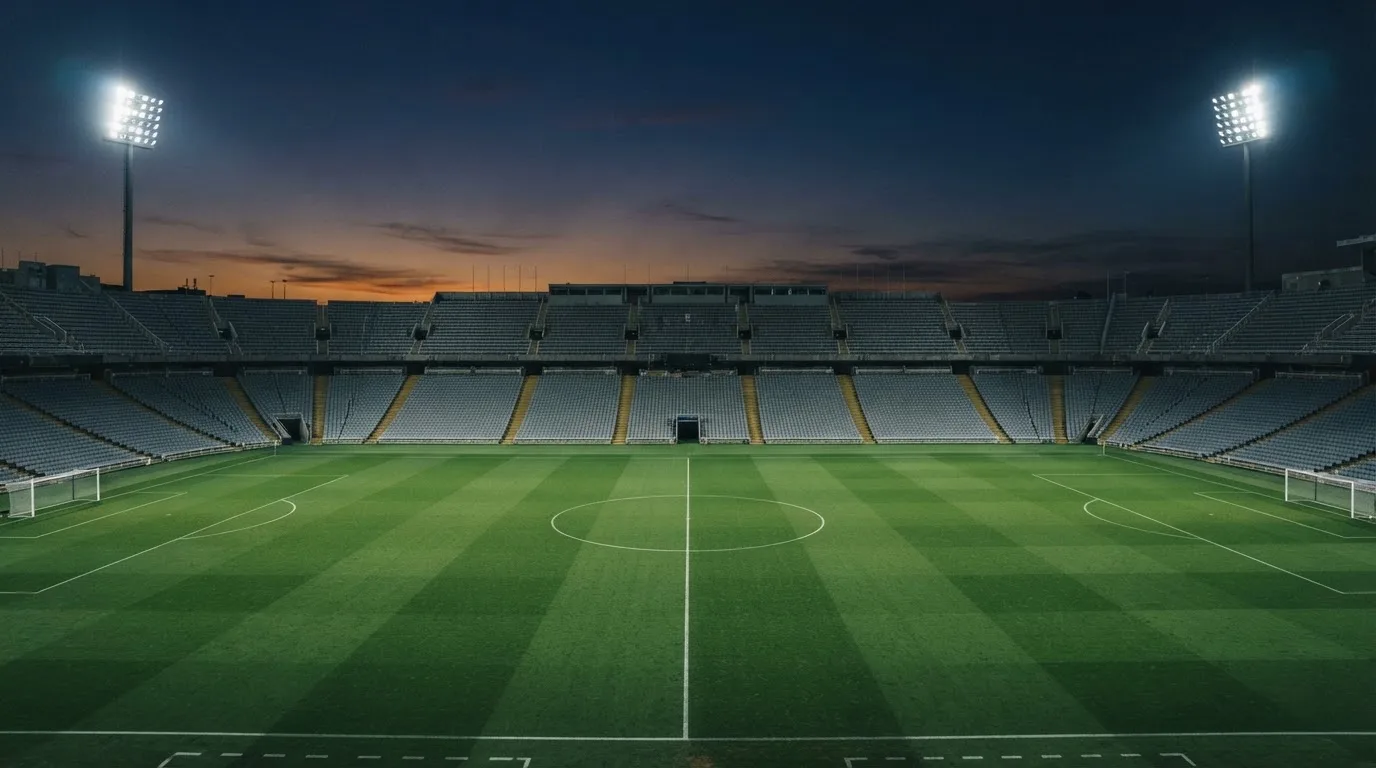 An empty football stadium with floodlight masts at dusk