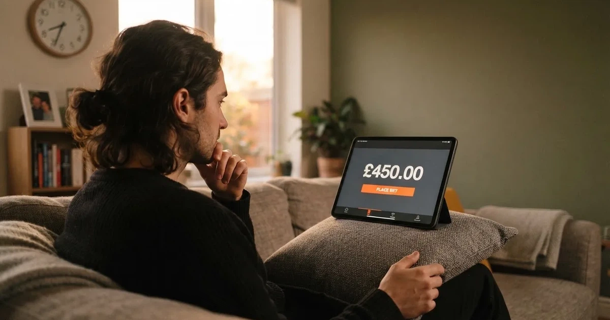 A person on a sofa looking thoughtfully at a tablet, a wall clock in the background