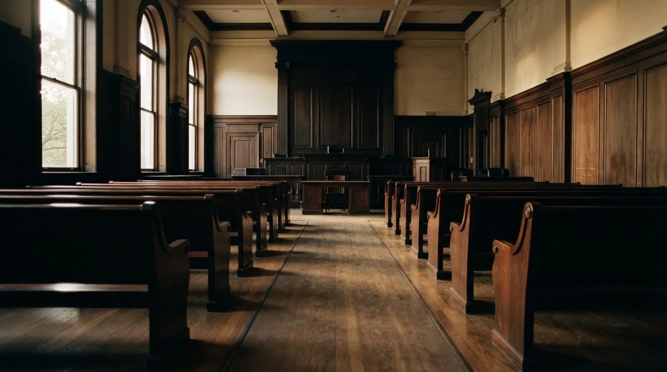 An empty courtroom with wooden benches in morning light