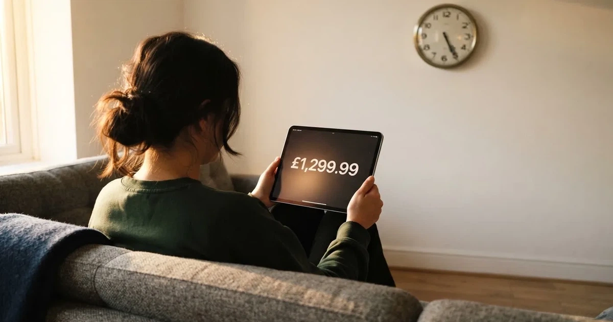 A person on a sofa looking thoughtfully at a tablet, a wall clock in the background