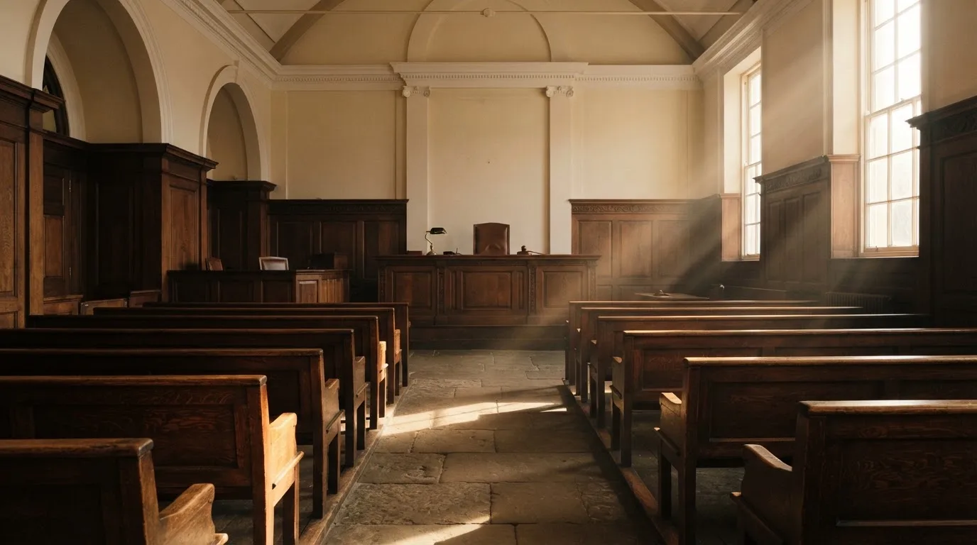 An empty courtroom with wooden benches in morning light