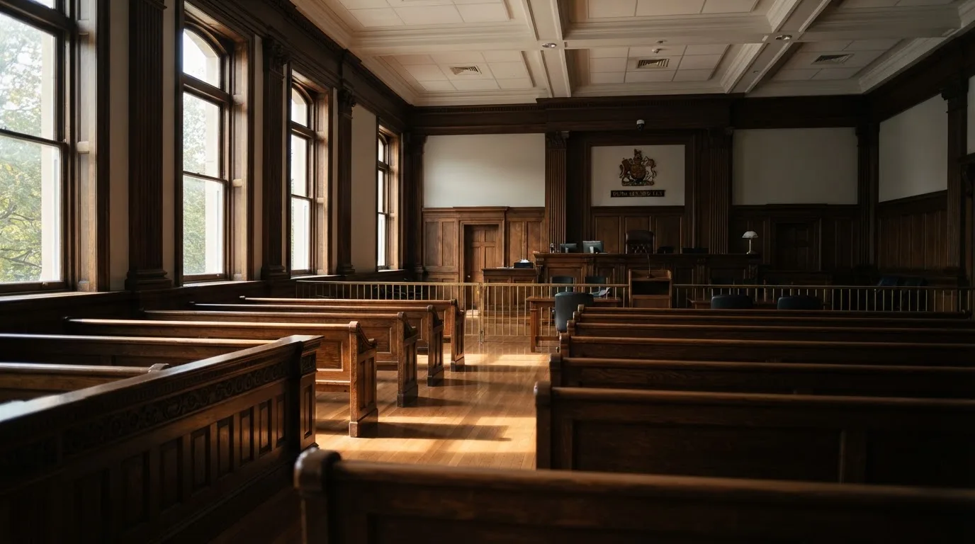 An empty courtroom with wooden benches in morning light