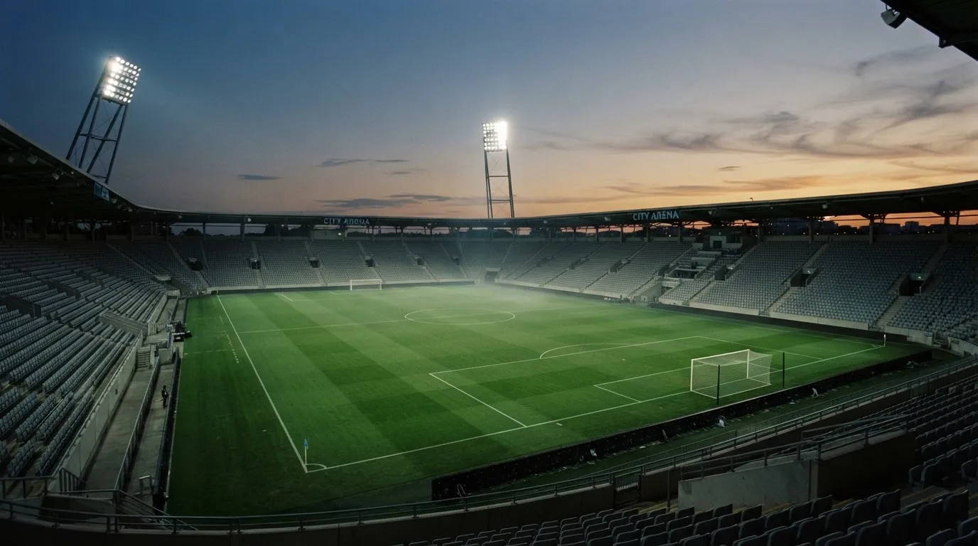 An empty football stadium with floodlight masts at dusk