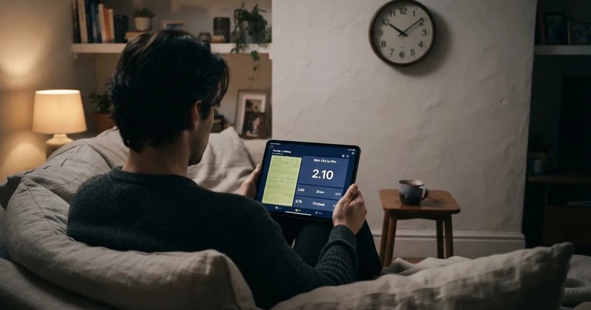 A person on a sofa looking thoughtfully at a tablet, a wall clock in the background