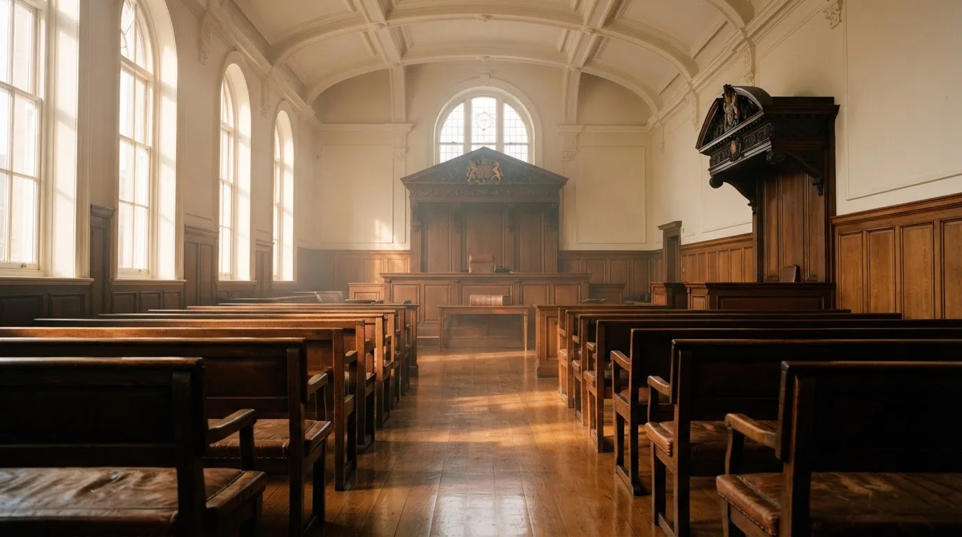 An empty courtroom with wooden benches in morning light