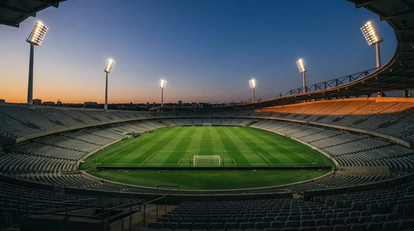 An empty football stadium with floodlight masts at dusk