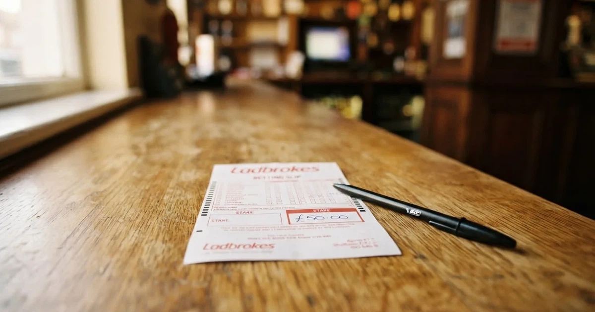 A blank paper betting slip beside a pen on a wooden counter