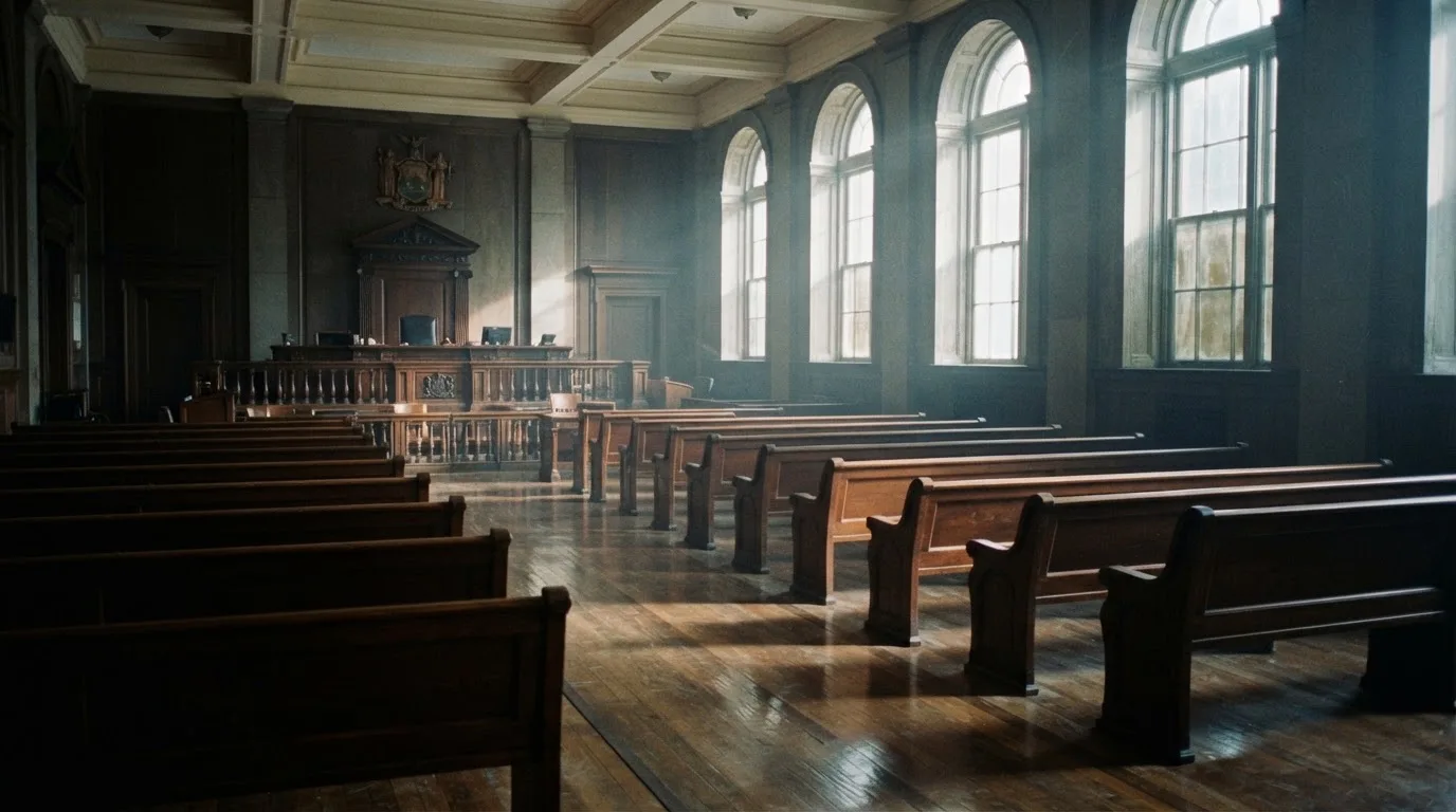 An empty courtroom with wooden benches in morning light