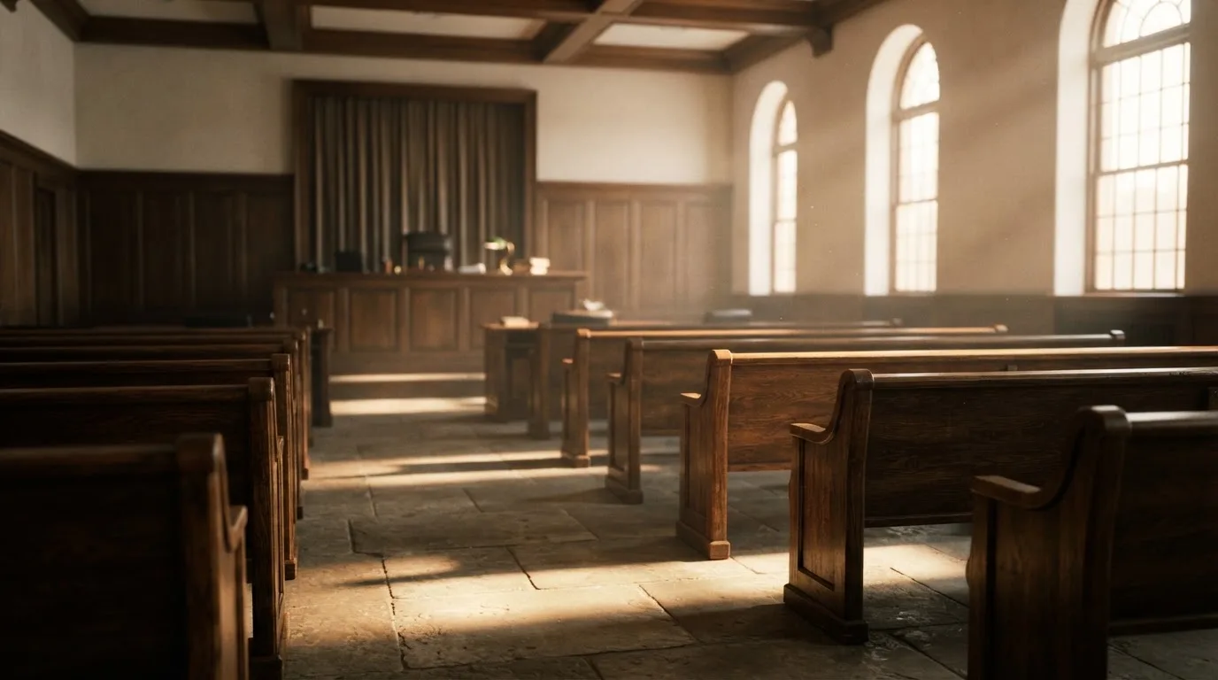 An empty courtroom with wooden benches in morning light