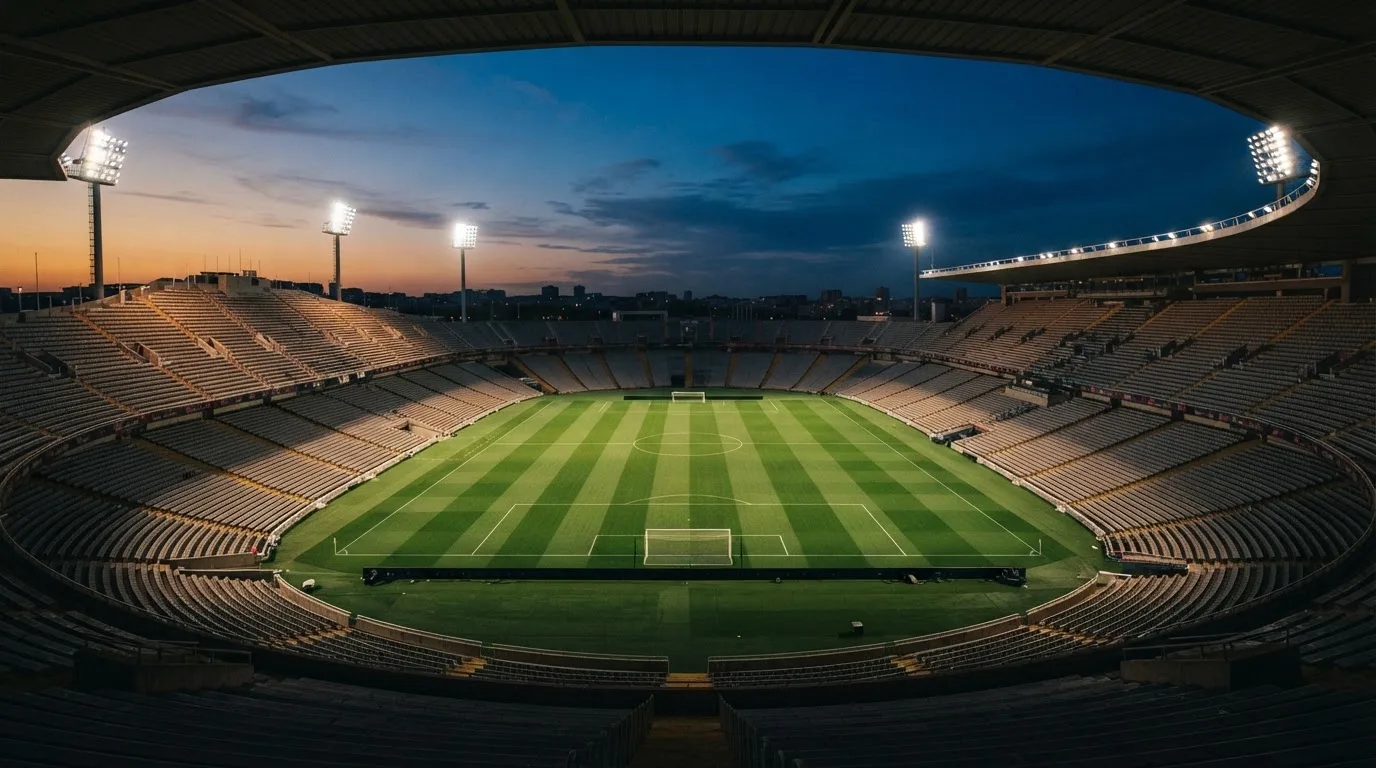 An empty football stadium with floodlight masts at dusk