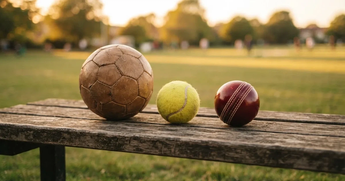 Three balls of different kinds side by side on a wooden bench