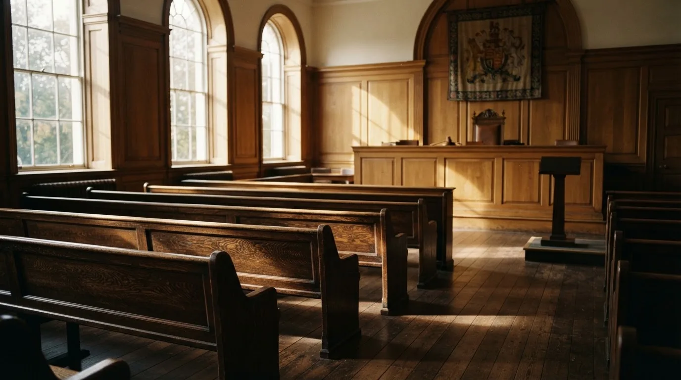 An empty courtroom with wooden benches in morning light