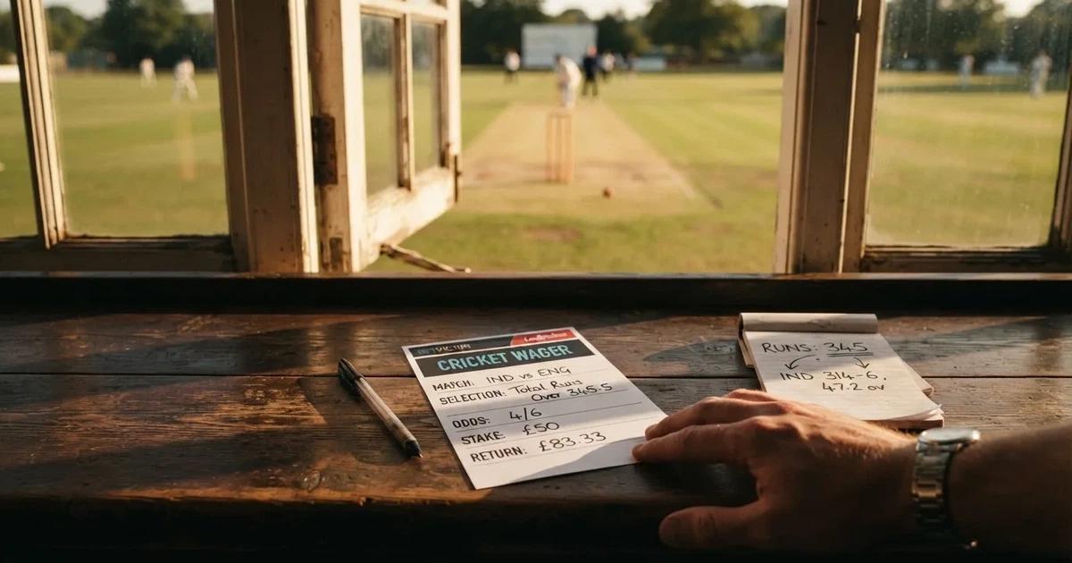 A blank paper betting slip beside a pen on a wooden counter