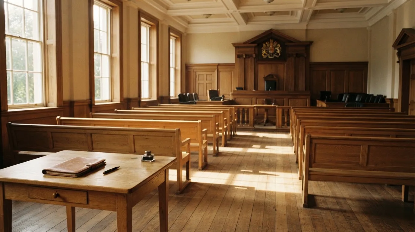 An empty courtroom with wooden benches in morning light