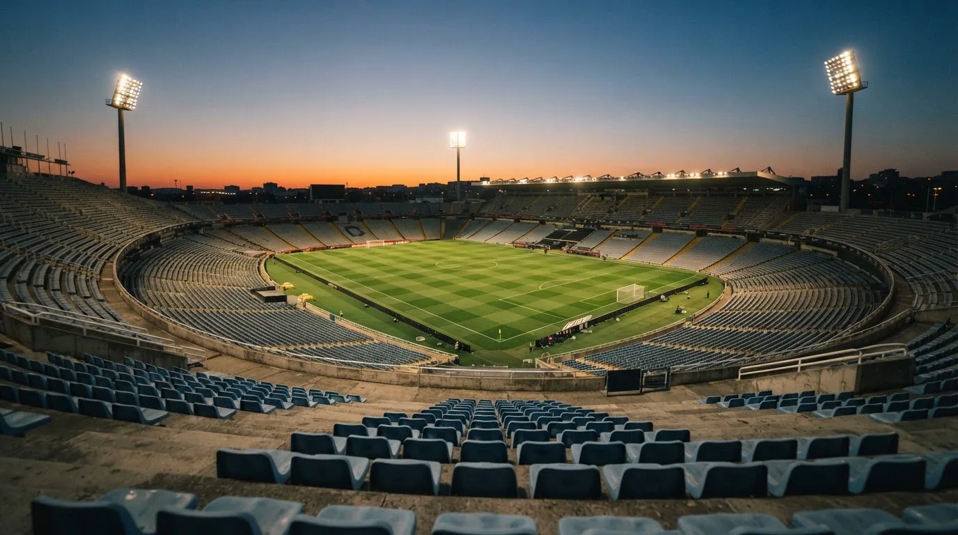 An empty football stadium with floodlight masts at dusk
