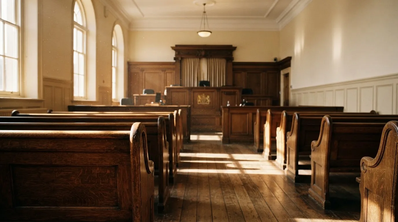 An empty courtroom with wooden benches in morning light