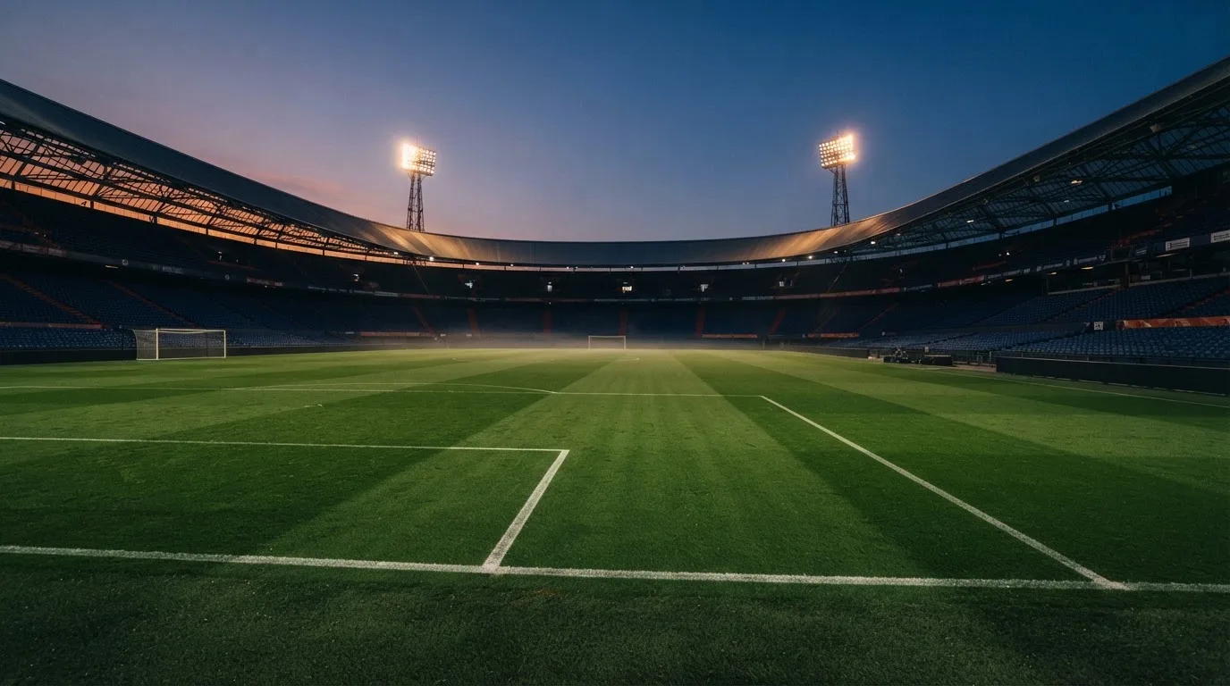 An empty football stadium with floodlight masts at dusk