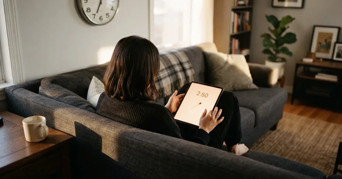 A person on a sofa looking thoughtfully at a tablet, a wall clock in the background