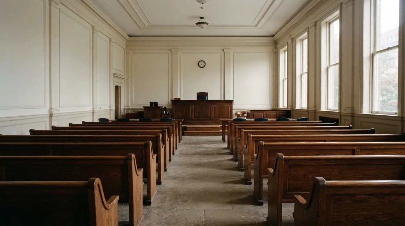 An empty courtroom with wooden benches in morning light
