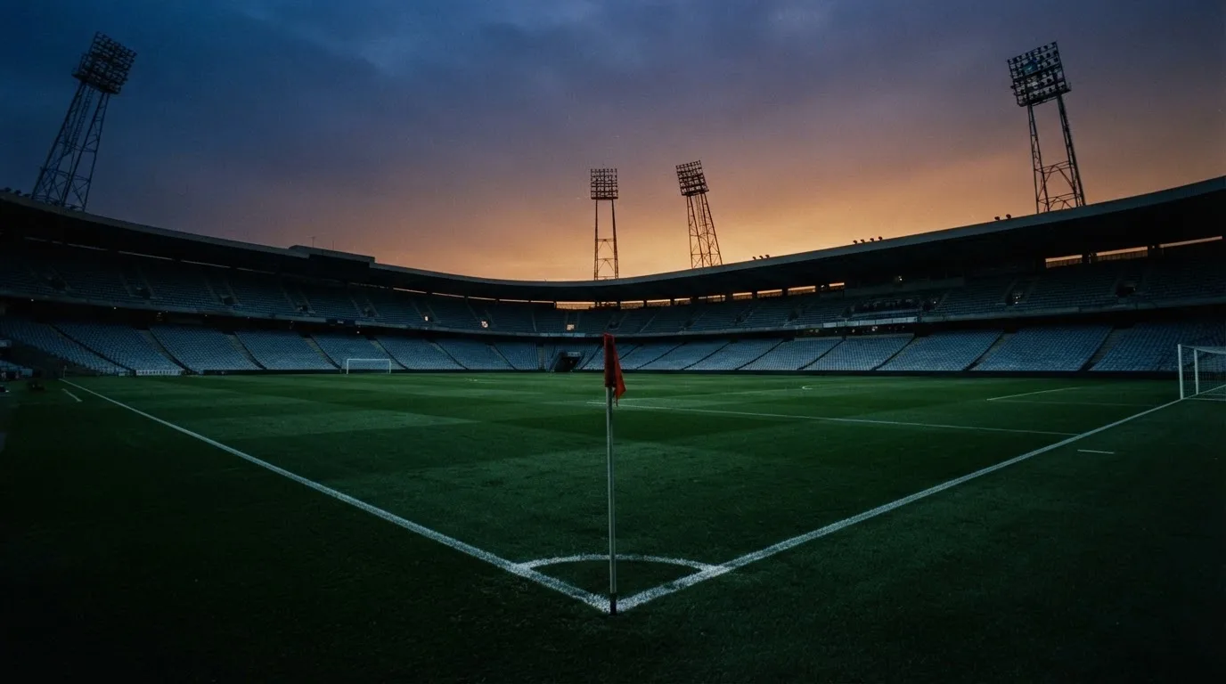An empty football stadium with floodlight masts at dusk