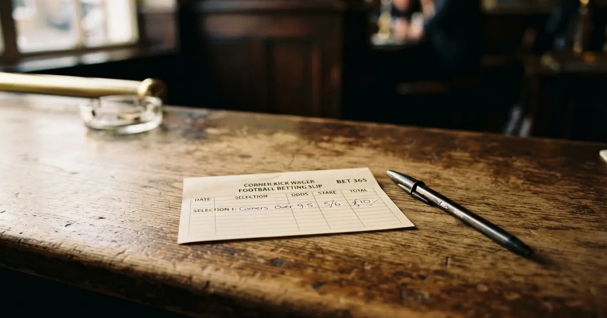 A blank paper betting slip beside a pen on a wooden counter