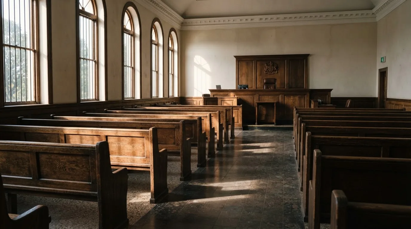 An empty courtroom with wooden benches in morning light