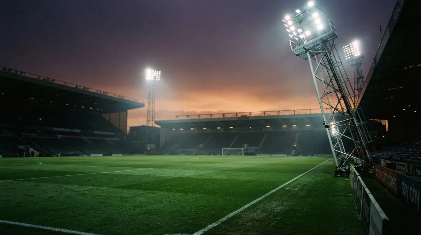 An empty football stadium with floodlight masts at dusk
