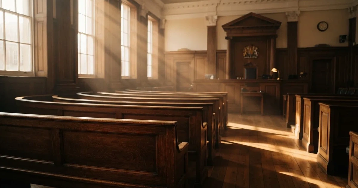 An empty courtroom with wooden benches in morning light