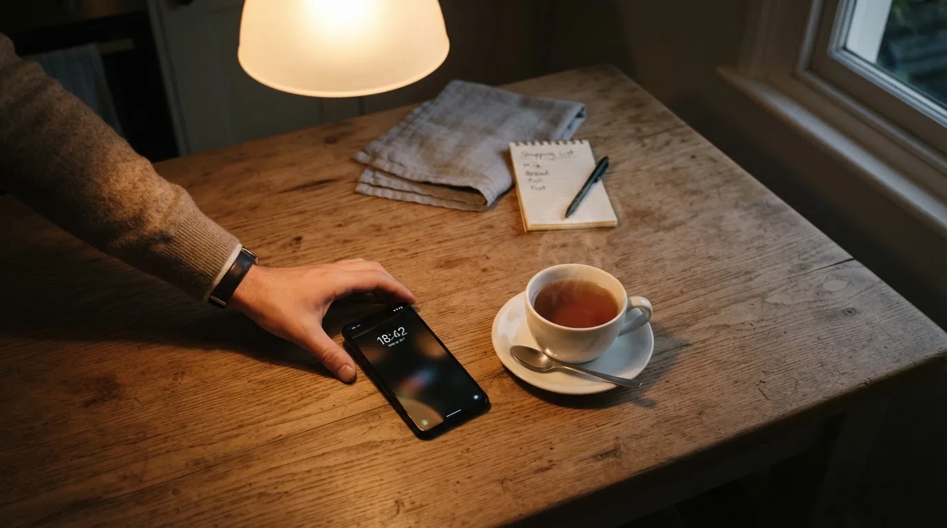 A hand setting a smartphone down beside a cup of tea on a kitchen table on a quiet evening