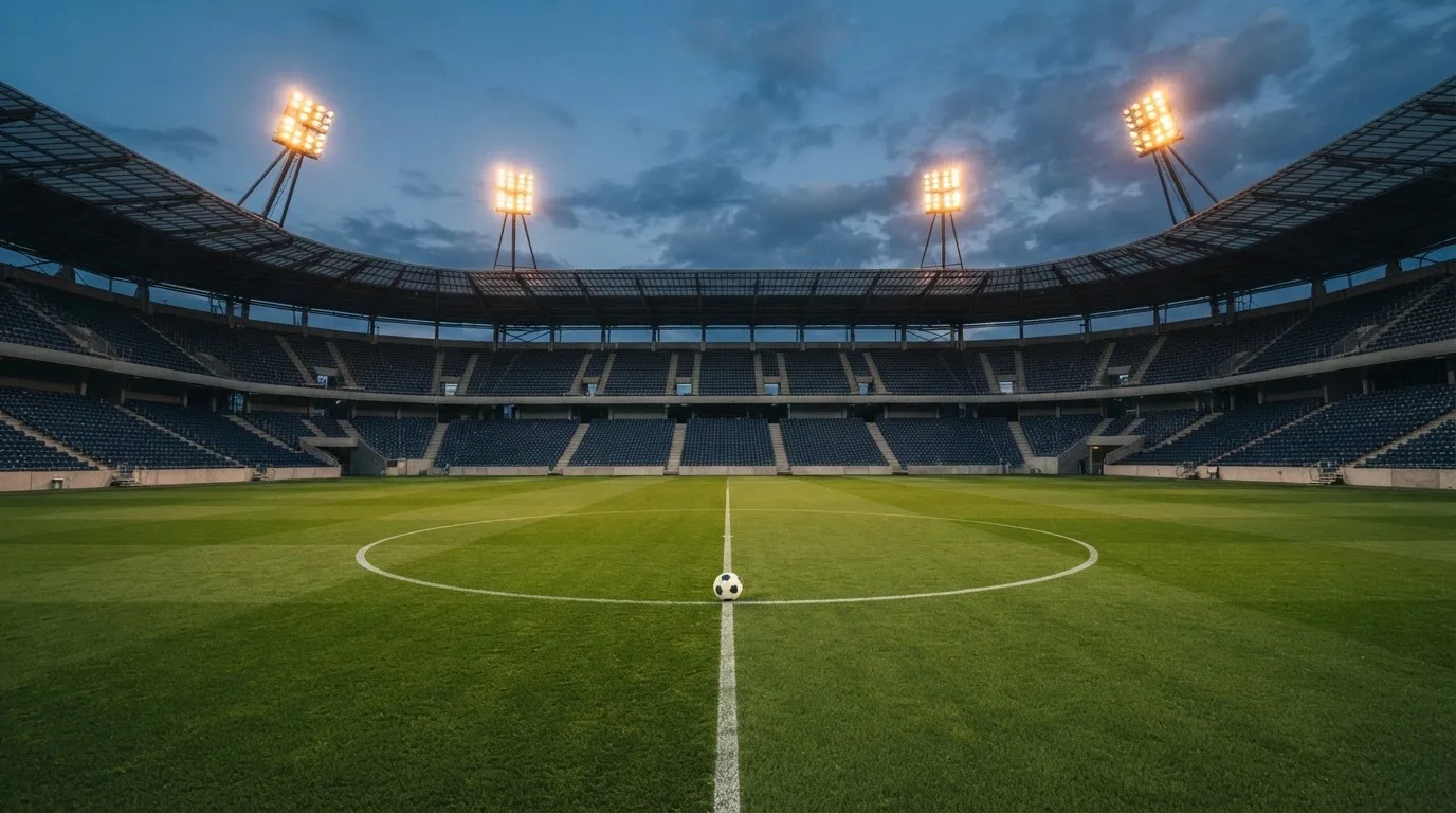 An empty football stadium with floodlight masts at dusk