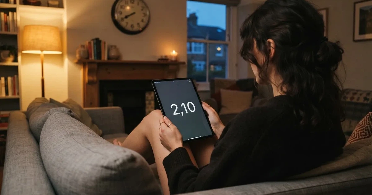 A person on a sofa looking thoughtfully at a tablet, a wall clock in the background