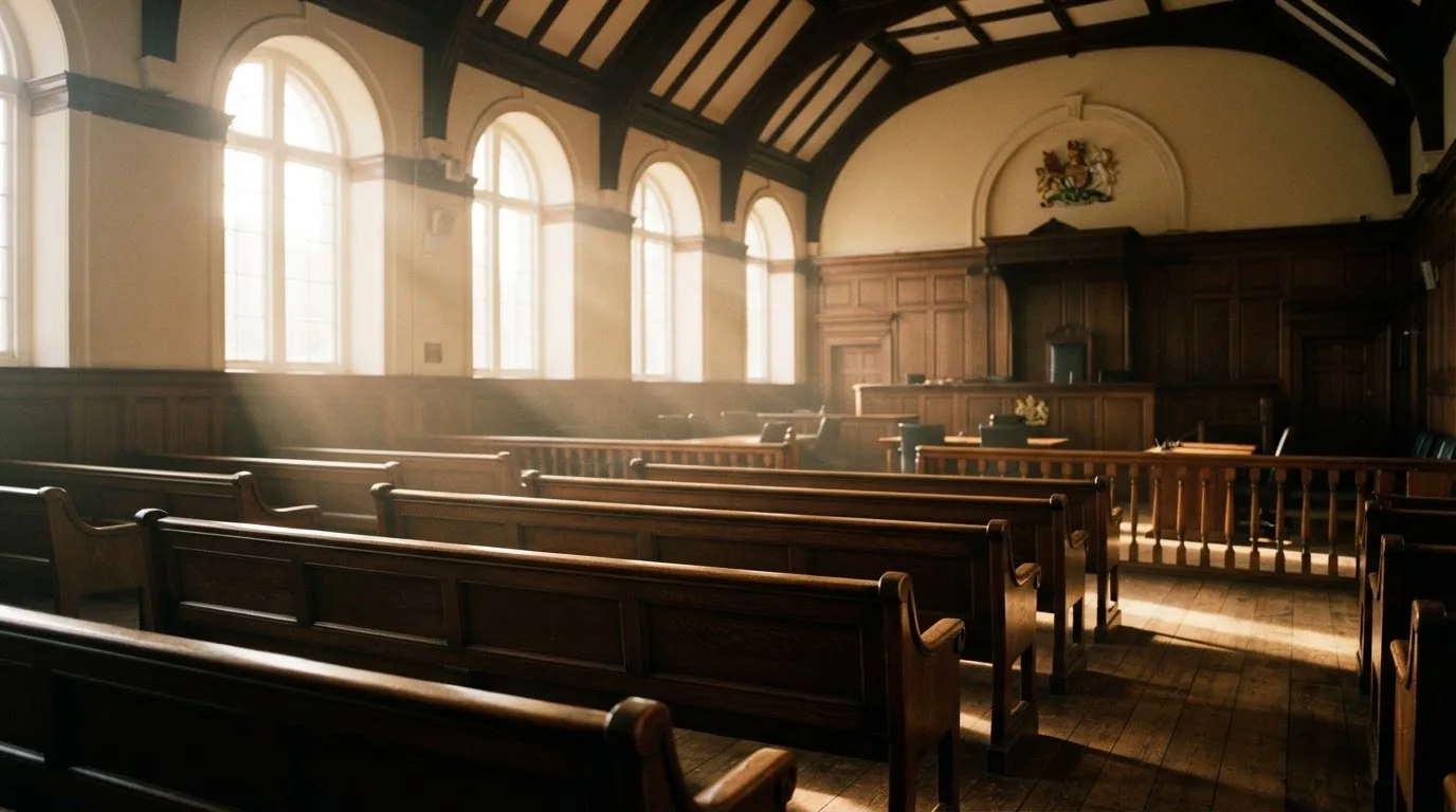 An empty courtroom with wooden benches in morning light