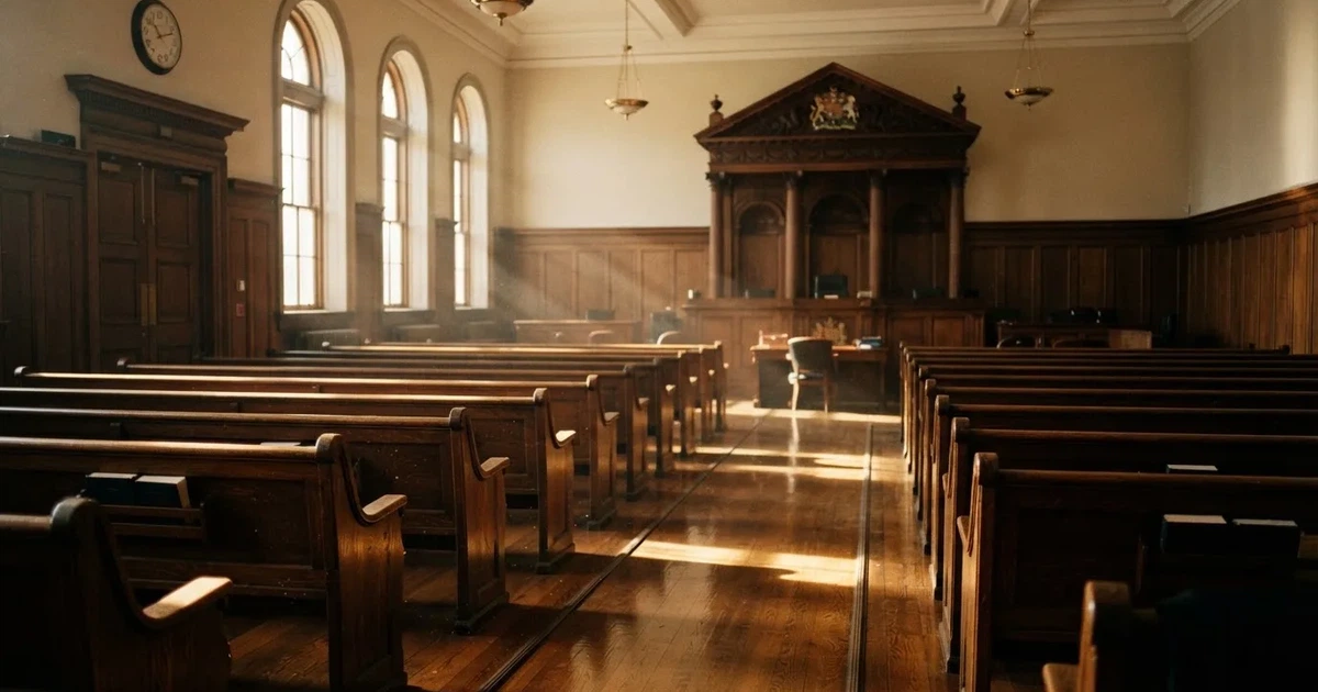 An empty courtroom with wooden benches in morning light