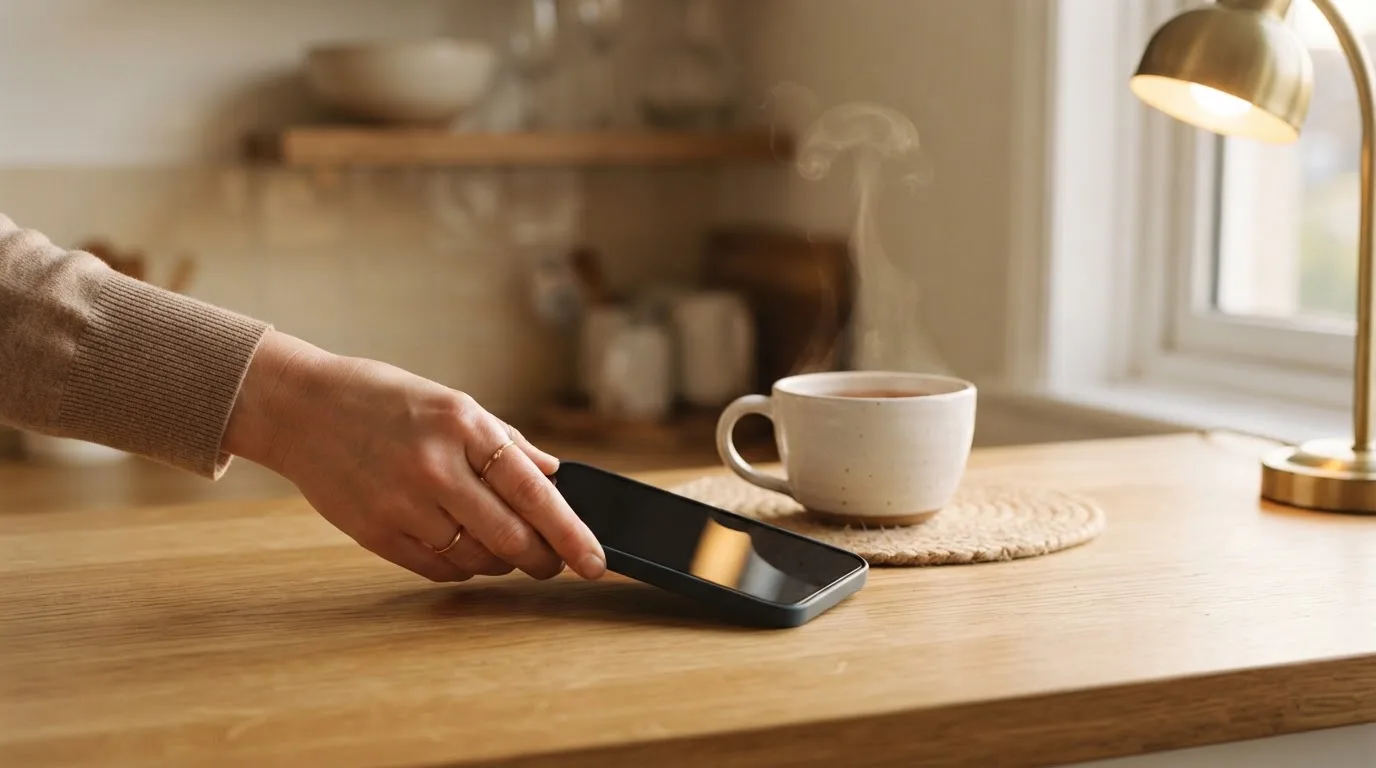 A hand setting a smartphone down beside a cup of tea on a kitchen table on a quiet evening