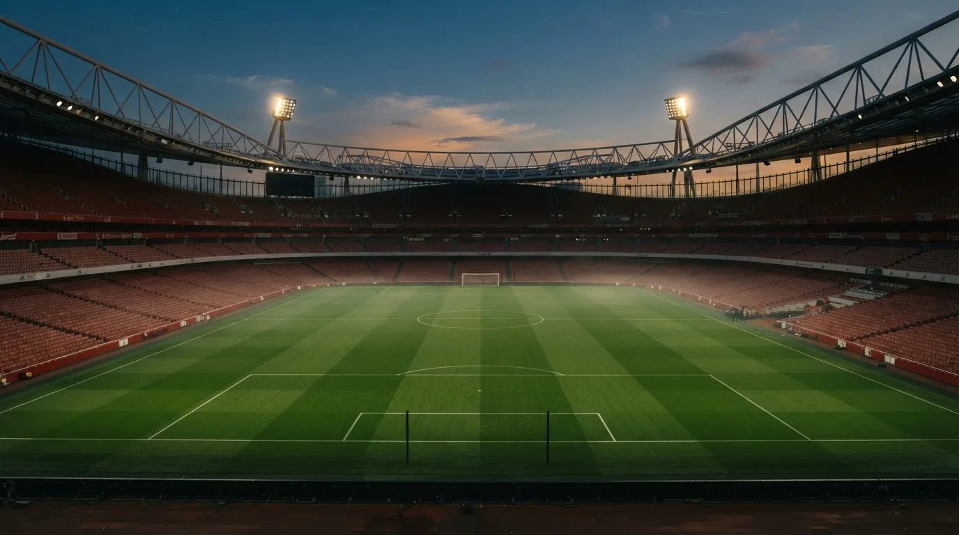 An empty football stadium with floodlight masts at dusk