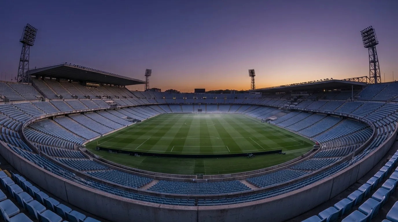 An empty football stadium with floodlight masts at dusk