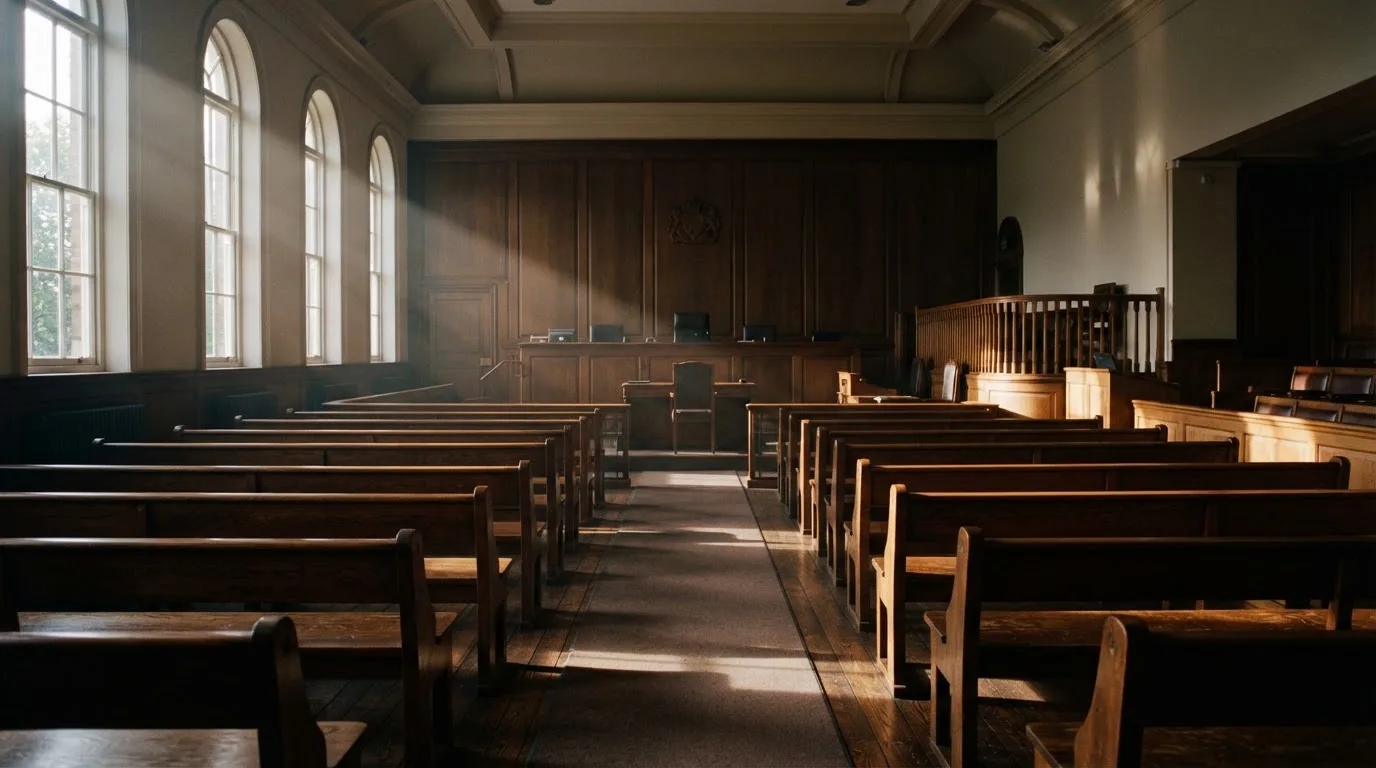 An empty courtroom with wooden benches in morning light