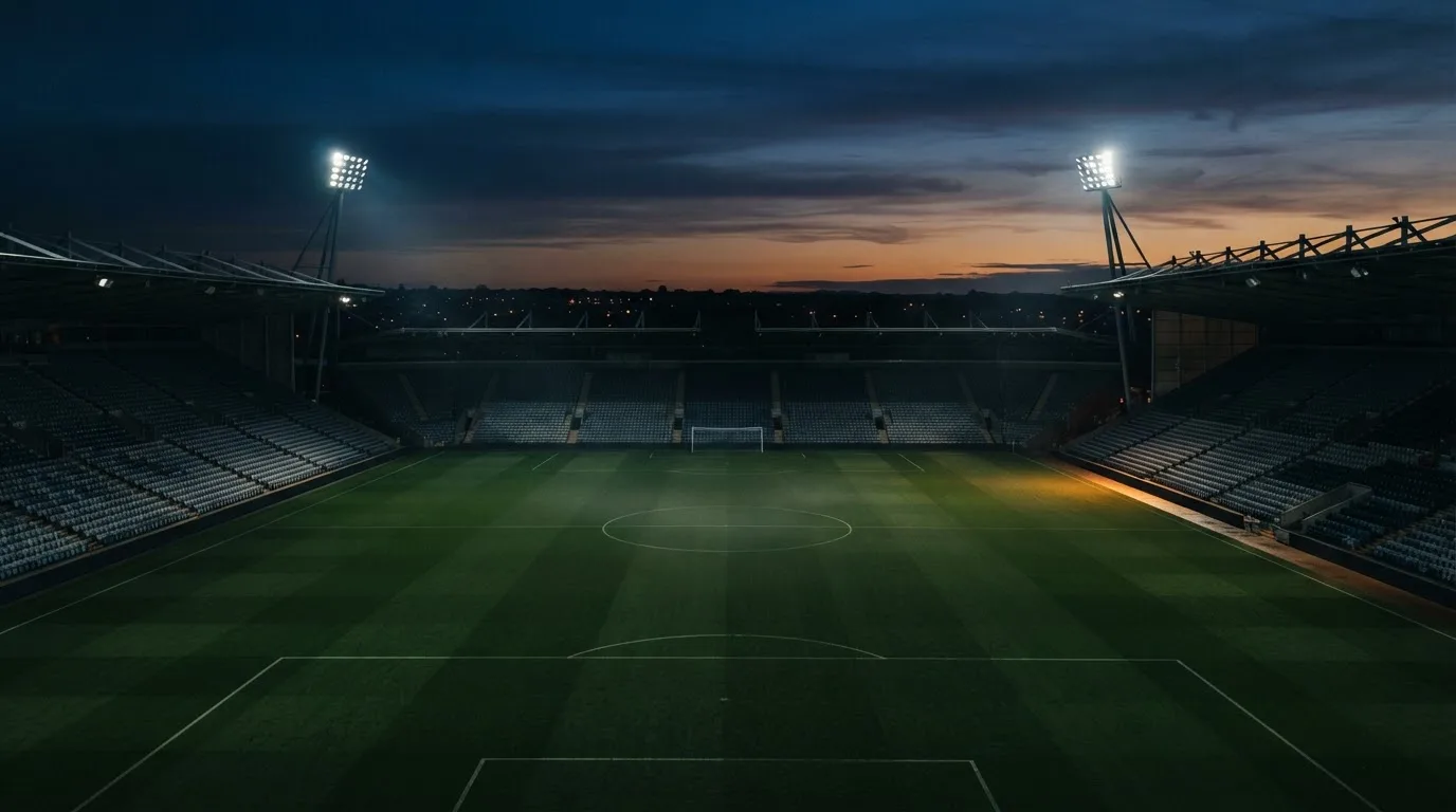 An empty football stadium with floodlight masts at dusk