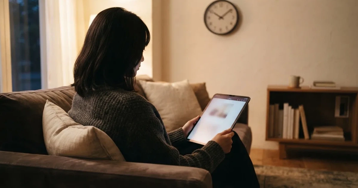 A person on a sofa looking thoughtfully at a tablet, a wall clock in the background