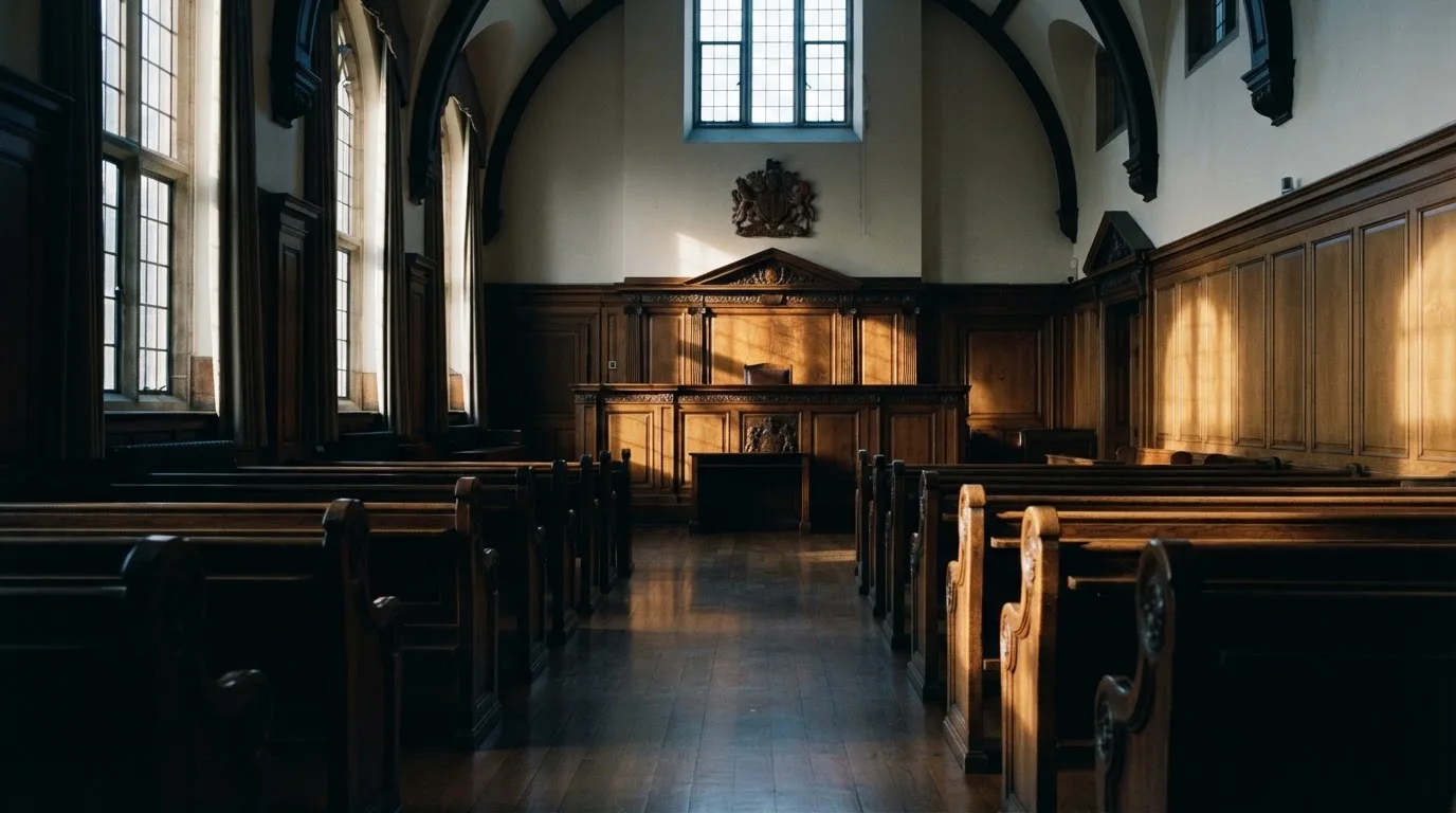An empty courtroom with wooden benches in morning light