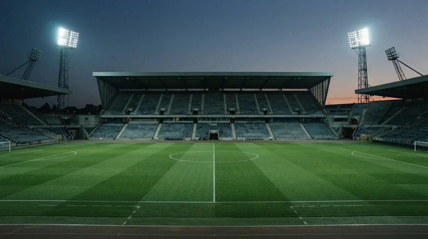 An empty football stadium with floodlight masts at dusk