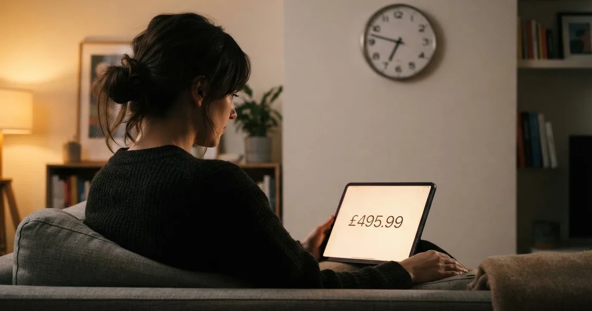 A person on a sofa looking thoughtfully at a tablet, a wall clock in the background