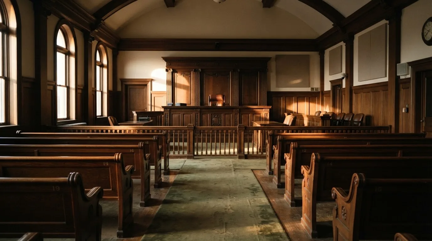 An empty courtroom with wooden benches in morning light