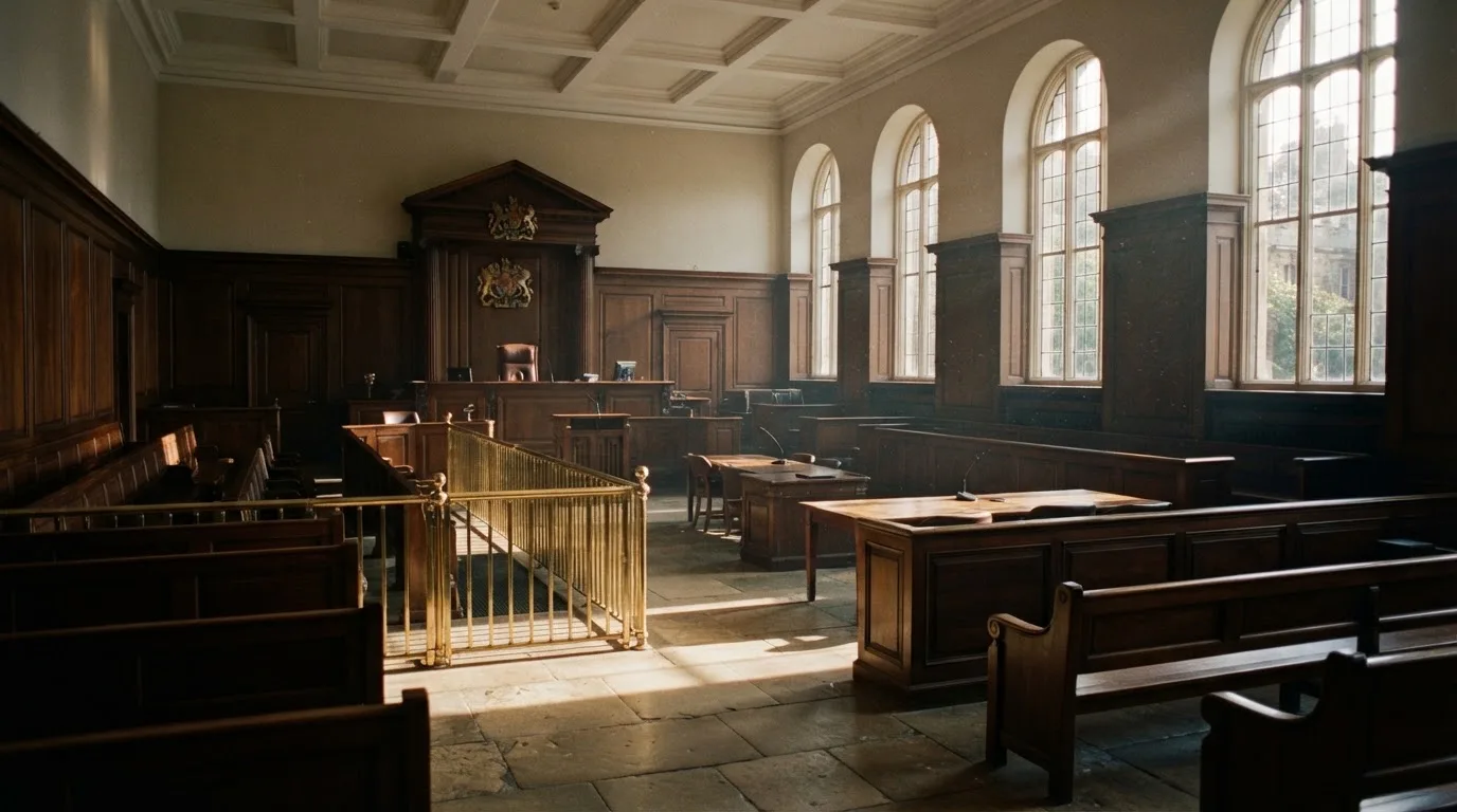 An empty courtroom with wooden benches in morning light