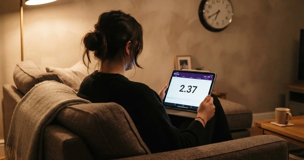 A person on a sofa looking thoughtfully at a tablet, a wall clock in the background