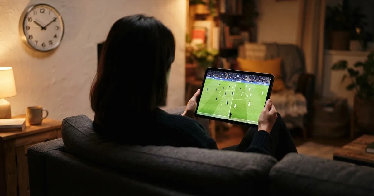 A person on a sofa looking thoughtfully at a tablet, a wall clock in the background
